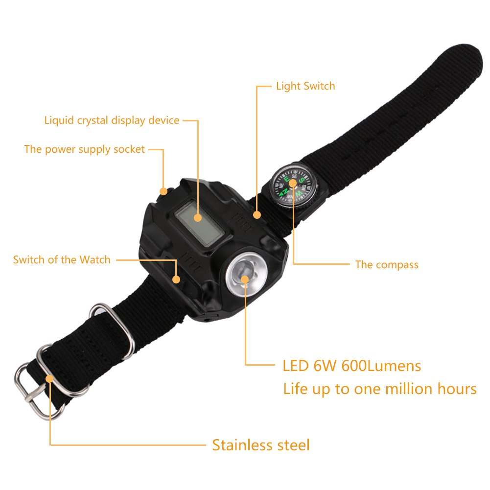 Montre lampe torche LED portable, recharge USB, 4 modes, boussole et afficheur horaire