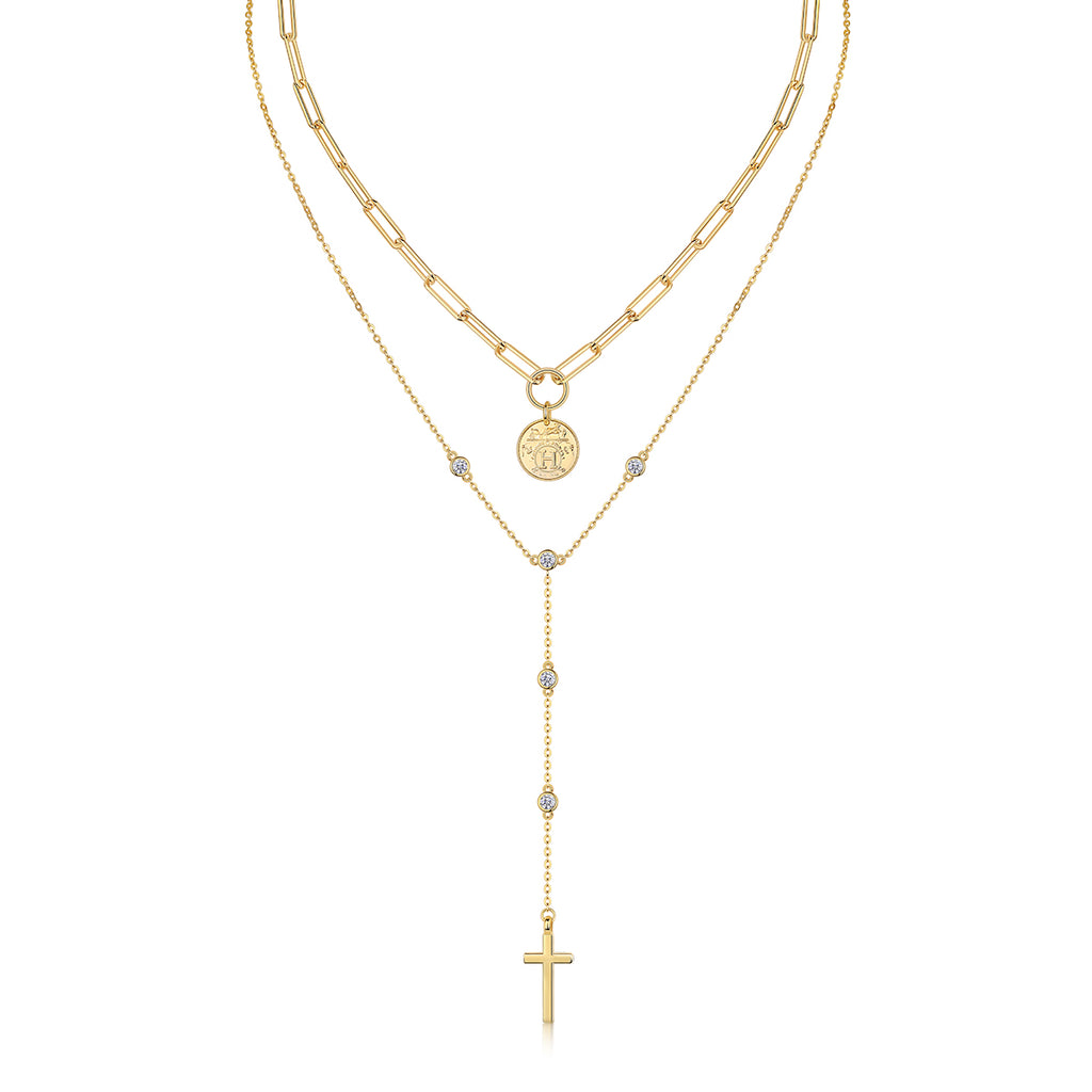 Collier Superposé en Argent Sterling S925 avec Moissanite 0,1ct, Pendentif Croix et Pièce, 14,4g, Chaîne Y 40cm, Plaqué Or, Certifié GRA, Coffret Cadeau