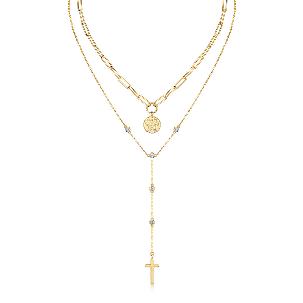 Collier Superposé en Argent Sterling S925 avec Moissanite 0,1ct, Pendentif Croix et Pièce, 14,4g, Chaîne Y 40cm, Plaqué Or, Certifié GRA, Coffret Cadeau