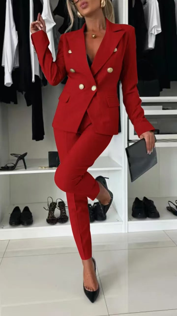 Nouveau ensemble bureau femme : veste boutonnée col revers et pantalon slim casual