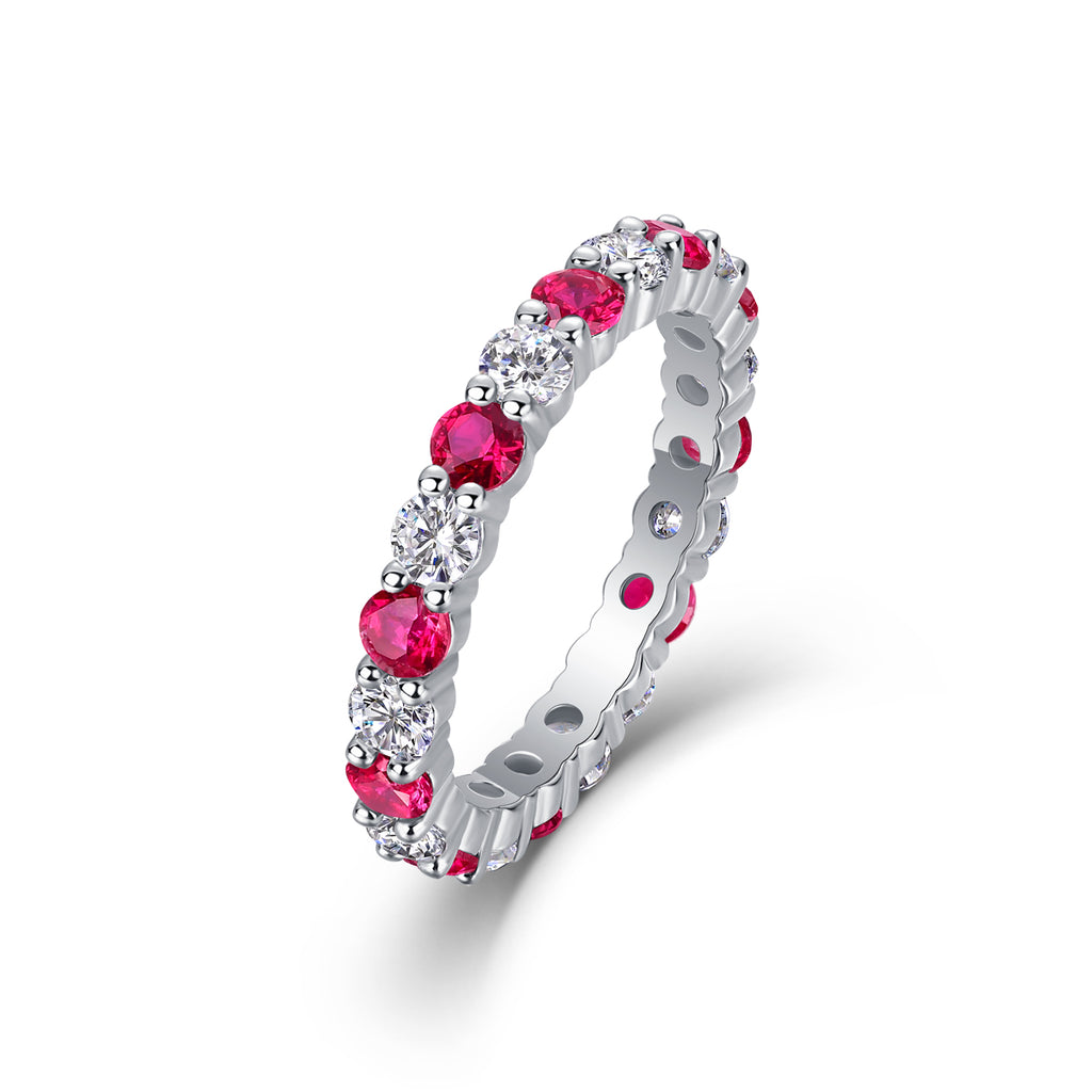 Bague d'éternité en argent sterling S925 2,4g plaqué platine avec rubis synthétiques et pierres blanches, anneau délicat ajouré, cadeau bijou femme