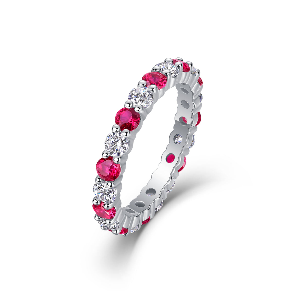 Bague d'éternité en argent sterling S925 2,4g plaqué platine avec rubis synthétiques et pierres blanches, anneau délicat ajouré, cadeau bijou femme