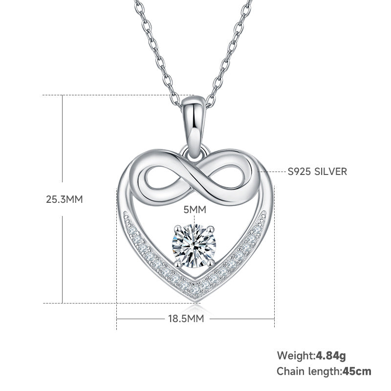 Collier Cœur Infini en Argent Sterling S925 4,8g avec Moissanite 5mm, 45cm, 17 Pierres, Certificat GRA, Plaqué Platine, Coffret Cadeau Luxe Femme