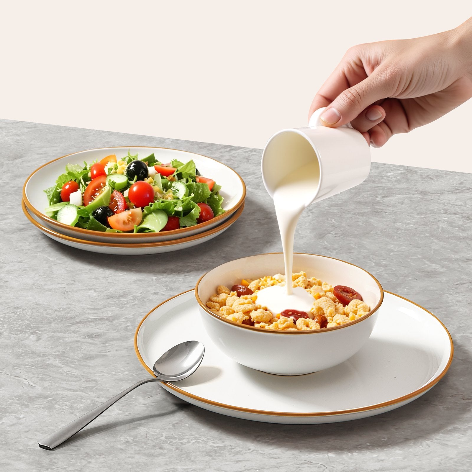 Service de vaisselle 12 pièces en céramique — assiettes et bols pour 4 personnes, blanc