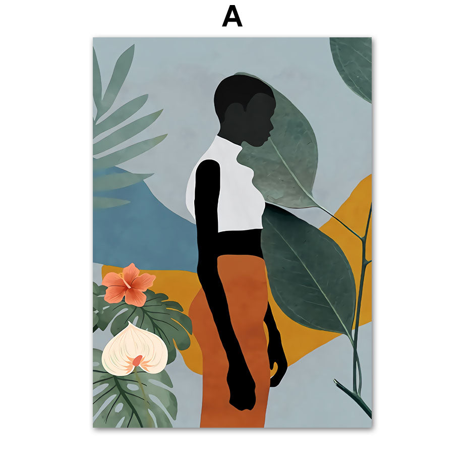 Femme Africaine Abstraite Fleurs Feuilles Art Mural Peinture sur Toile