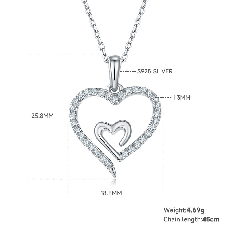 Collier cœur double en argent sterling S925 4,6 g avec moissanite, 45 cm, 32 pierres, plaqué platine, coffret cadeau romantique pour femmes