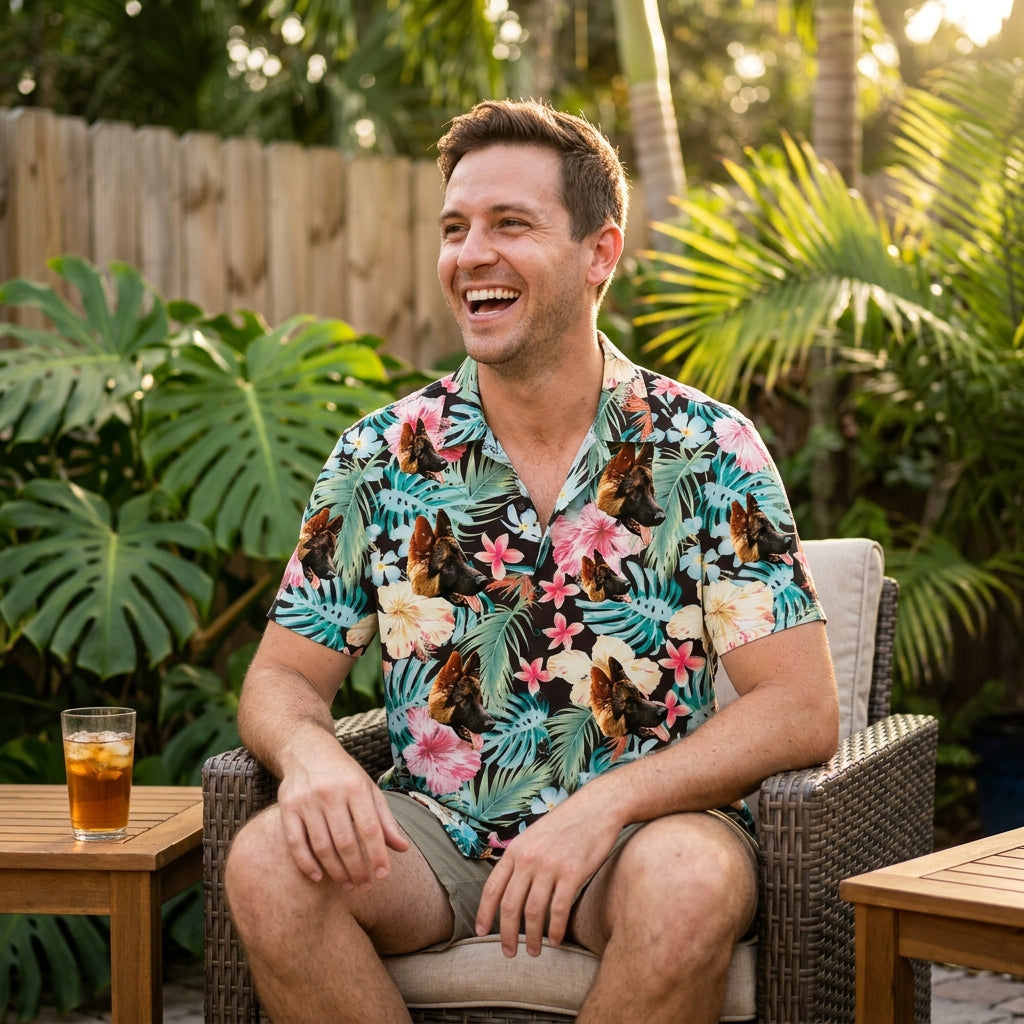 Chemise Hawaïenne Noire à Imprimé Aquarelle Hibiscus et Monstera