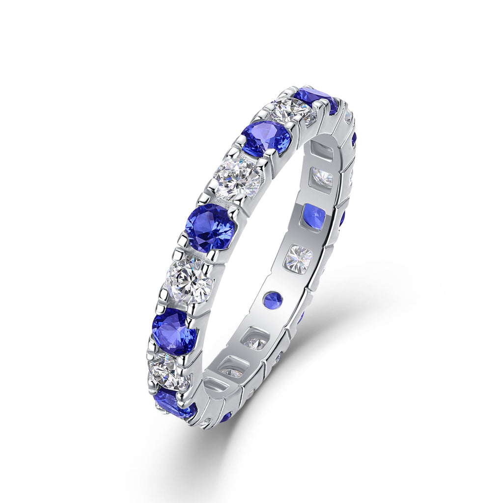 Bague d’éternité en argent S925 plaqué platine 2,4g avec saphirs bleus synthétiques et pierres blanches alternées, délicate bague de promesse pour femme en coffret
