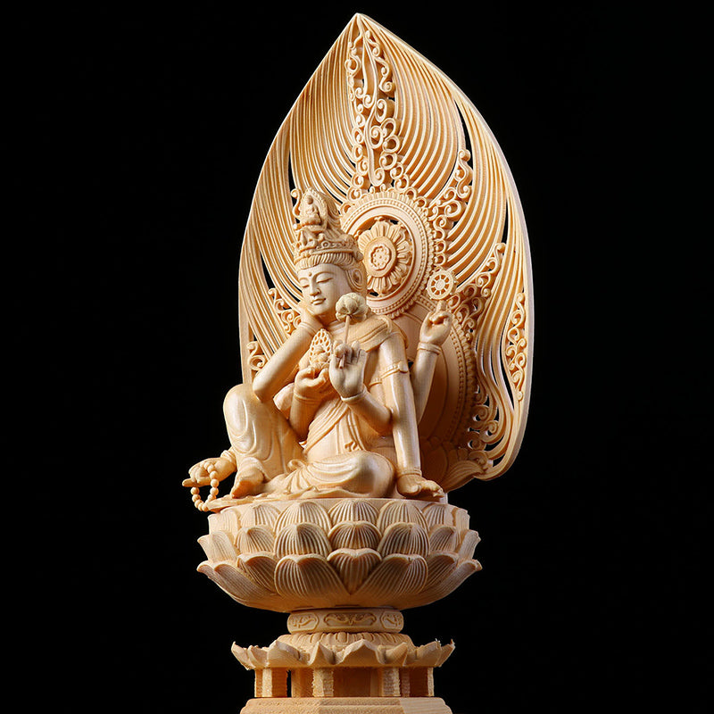 Ornement Guanyin Finement Sculpté en Cyprès Chinois