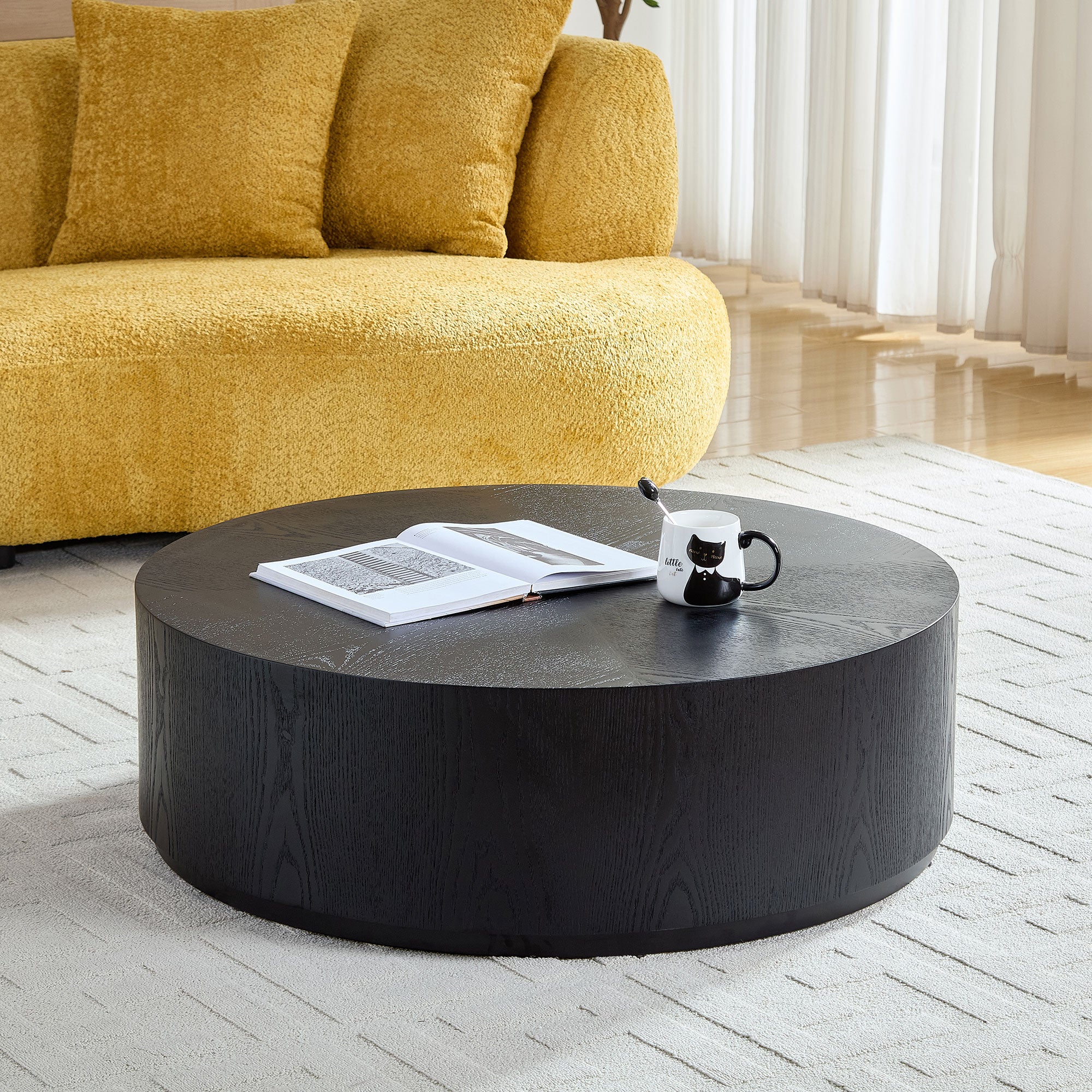 35.43 Inch Modern Round Coffee Table MDF Coffee Table For Living Room,Drum Center Table For Apartment,No Need Assembly,Black W2582P188323