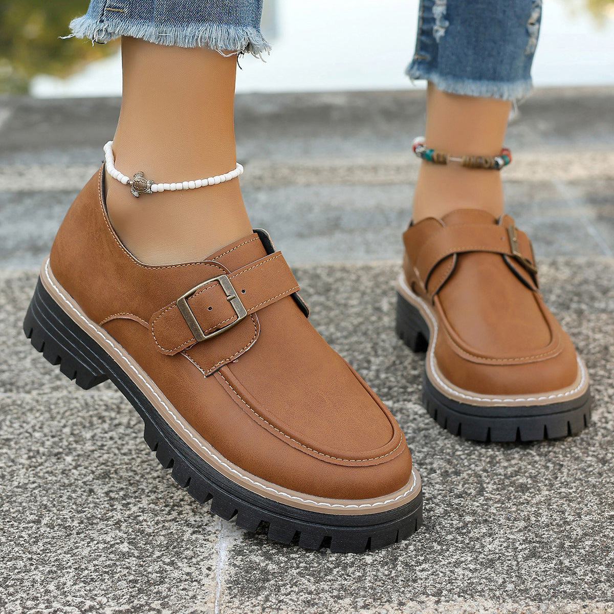 Mocassins à Boucle Mode pour Femmes Style Britannique Talon Épais Rehaussant Confort