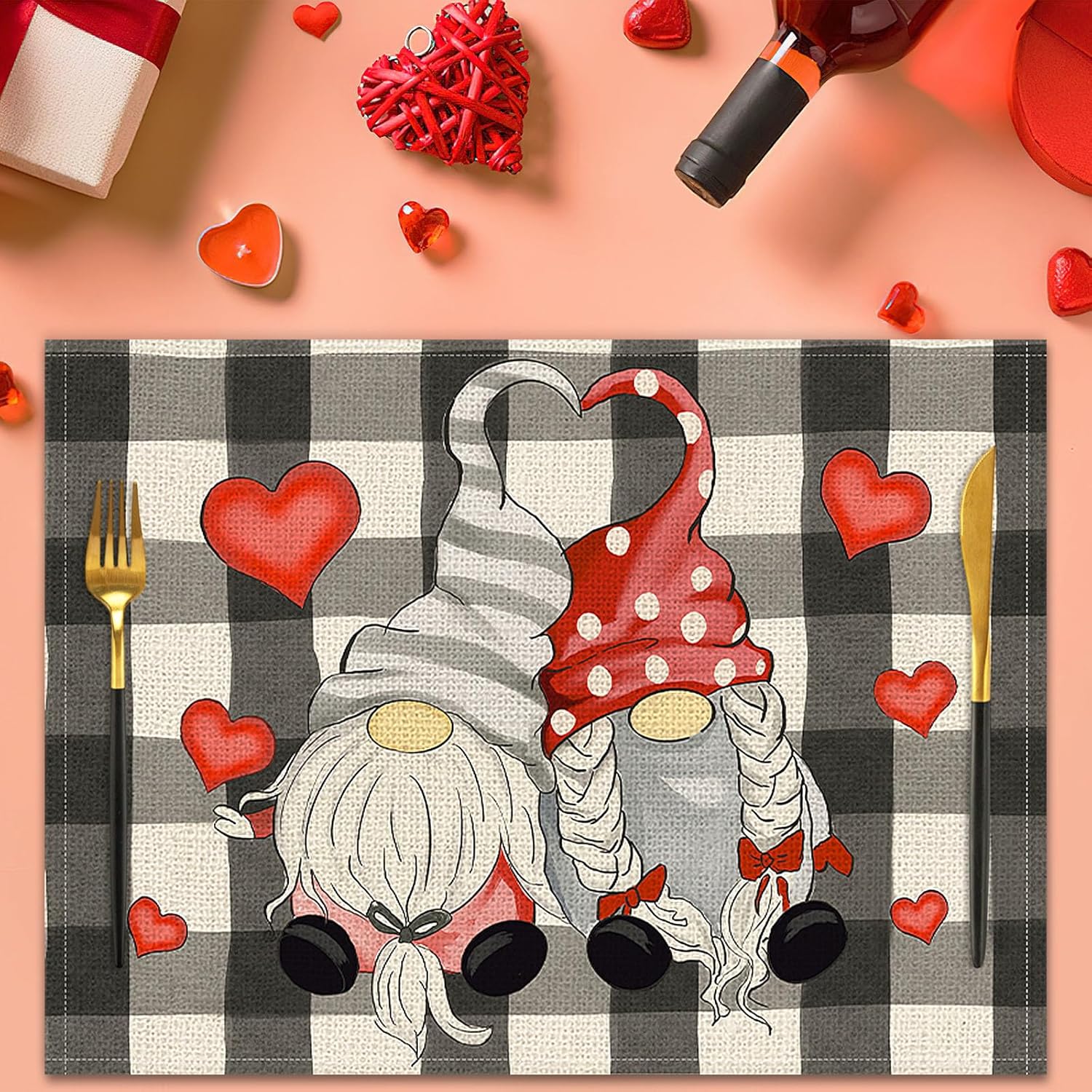 Set De 4 Sets De Table Pour La Saint-Valentin, 17x12,5 Pouces Avec Motif De Gnomes Et De Coeurs Pour Fêtes De Vacances Et Réunions Familiales - Vente Clearance