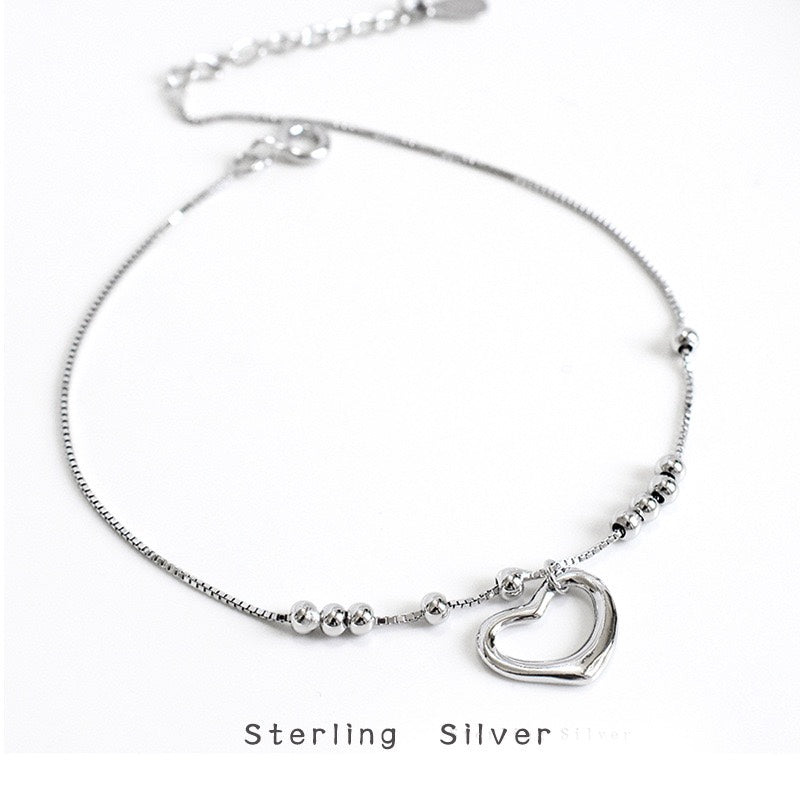 Bracelet de cheville ajustable en argent sterling 999 chaîne boîte cœur creux style minimaliste estival pour femmes