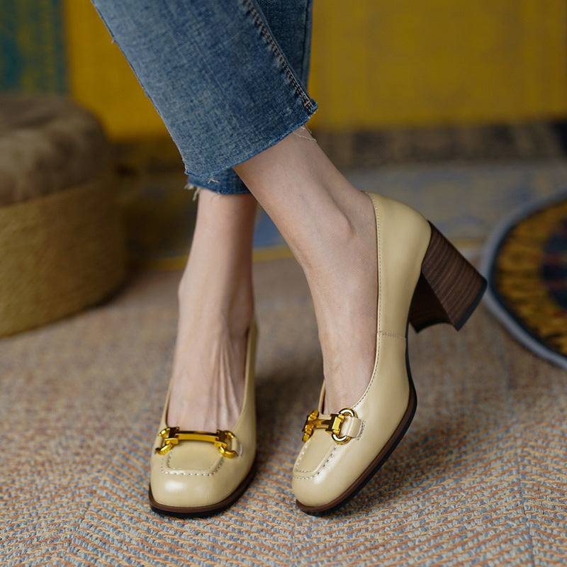 Escarpins Femme Rétro Bout Carré Style Français Talon Large Très Haut en Cuir Véritable