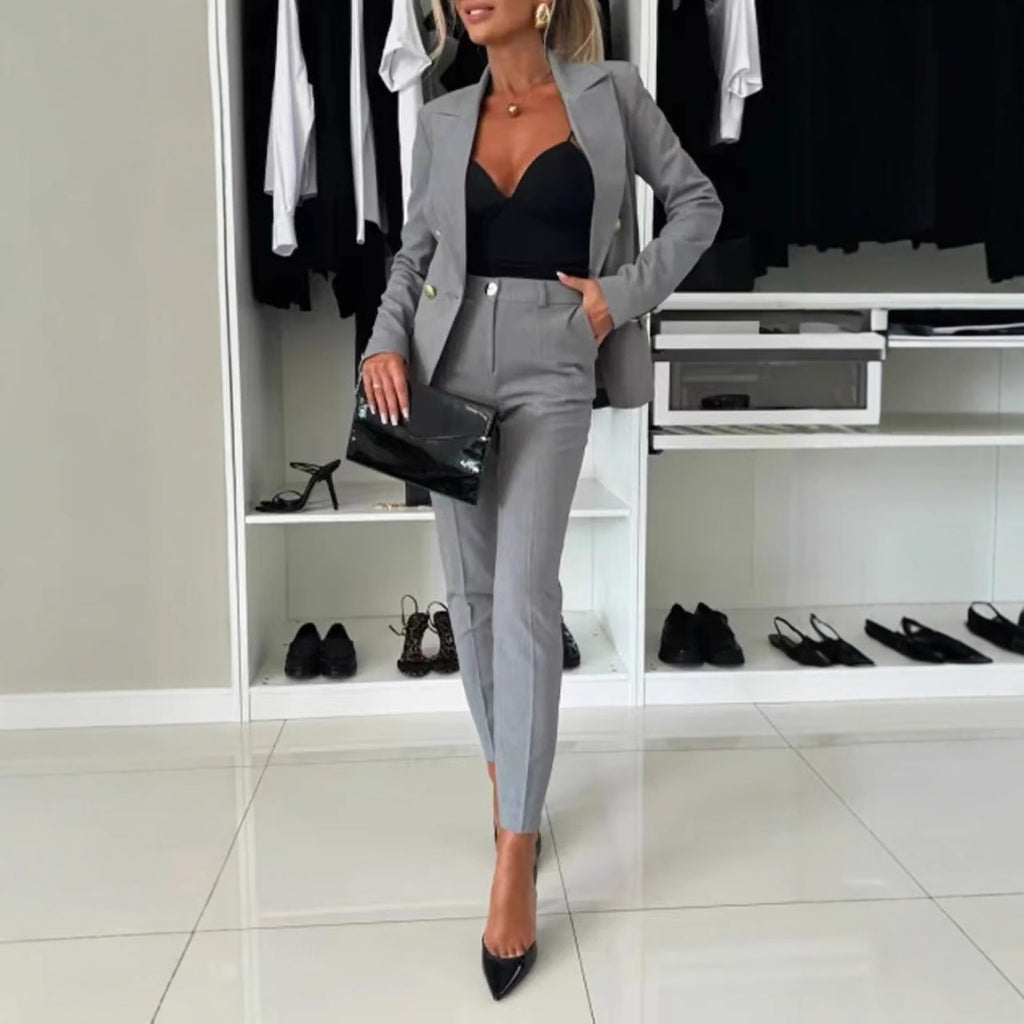 Nouveau ensemble bureau femme : veste boutonnée col revers et pantalon slim casual