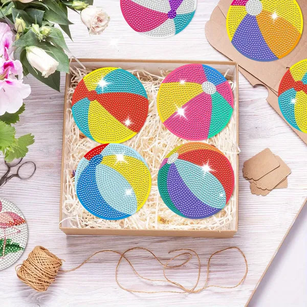 Kit de Sous-Verres en Peinture de Rhinestones avec 6 Ballons de Plage - Art de Peinture DIY pour l'Été