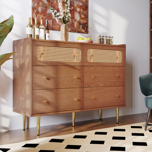 Rattan Sideboard Cabinet For Living Room, Chest Of Drawers With 6 Drawers, Walnut -40D X 120W X 90H Centimetres