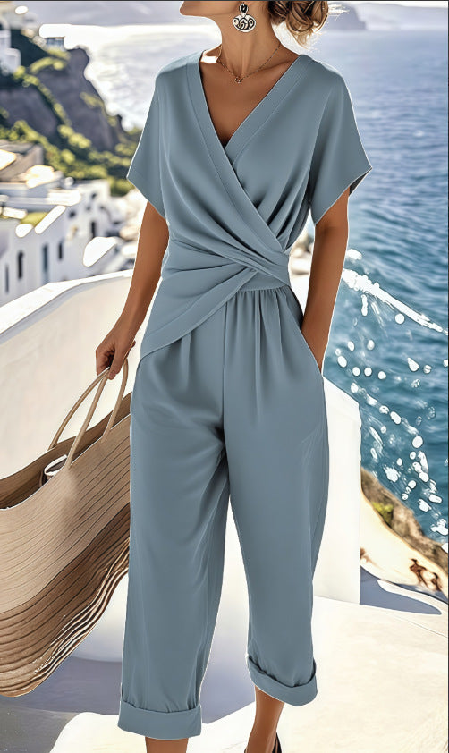 Ensemble Femme Deux Pièces Couleur Unie Mode Manche Courte Irrégulière Été