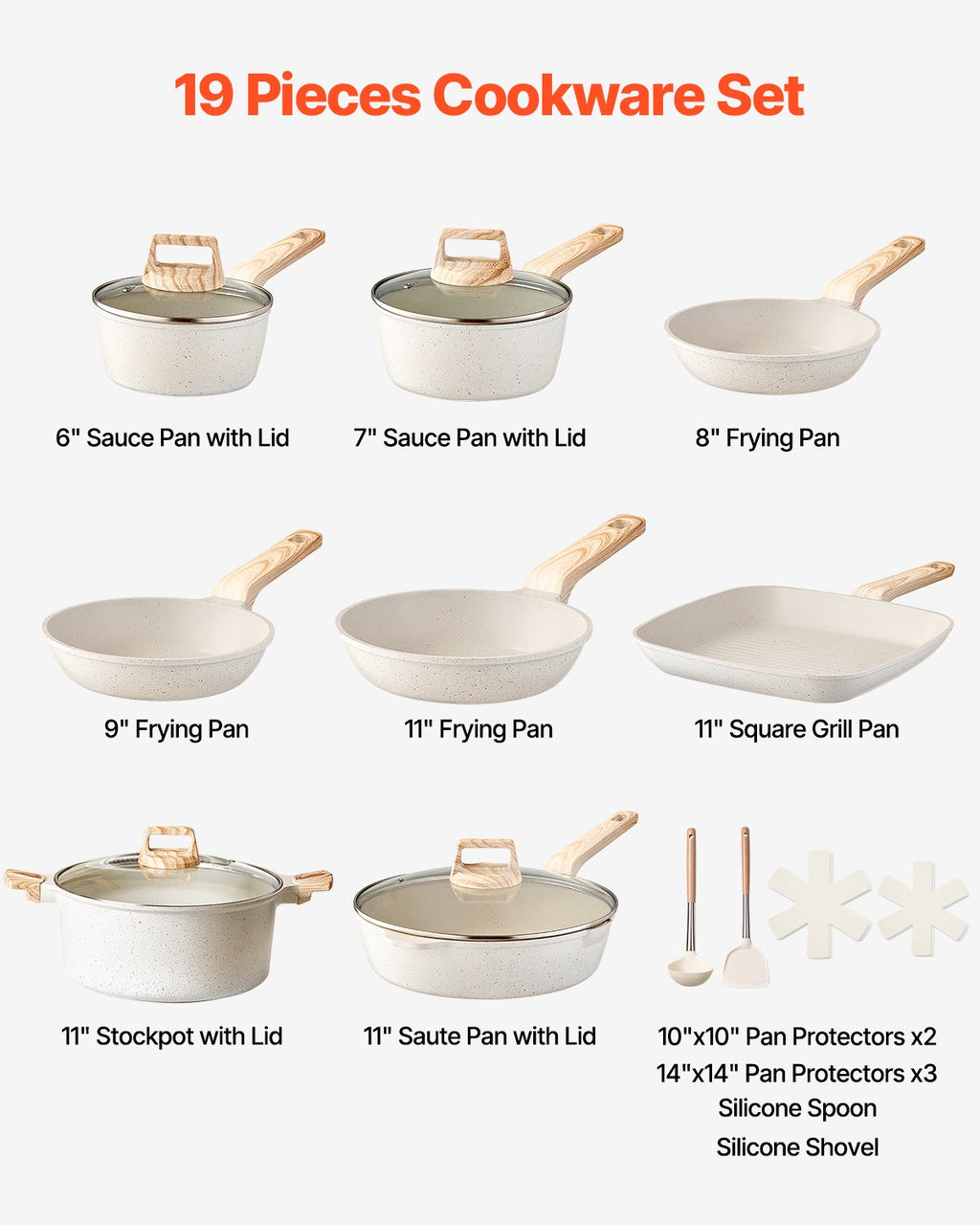 Ensemble de casseroles et poêles antiadhésives 19 pièces, batterie de cuisine granit, compatibles induction, kits de cuisson pour RV, avec poêles à frire, casseroles, sauteuse, couvercles en verre trempé et protections de poêle, blanc