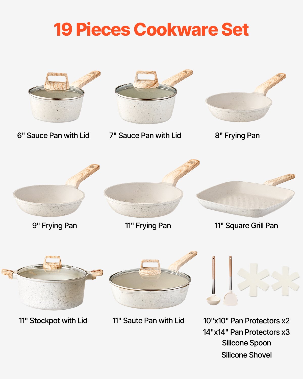 Ensemble de casseroles et poêles antiadhésives 19 pièces, batterie de cuisine granit, compatibles induction, kits de cuisson pour RV, avec poêles à frire, casseroles, sauteuse, couvercles en verre trempé et protections de poêle, blanc