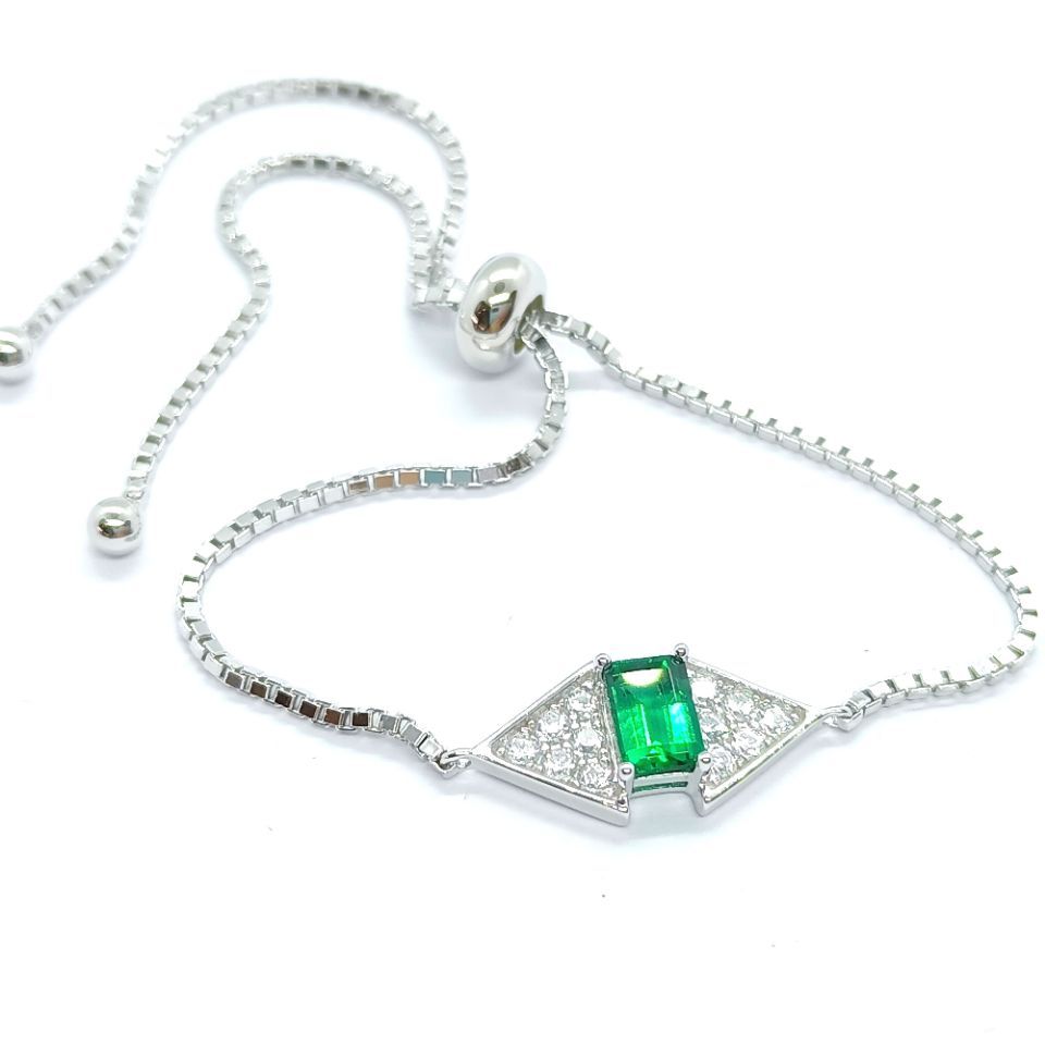 Bracelet ajustable 22 cm en argent 925 rectangle 6x4 mm émeraude et rubis synthétiques, plaqué platine, coffret cadeau