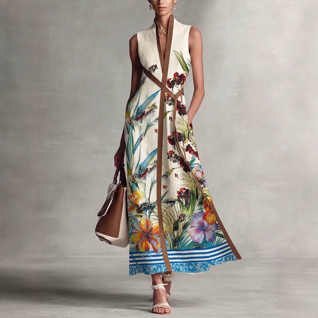 Robe longue sans manches à col en V avec patchwork imprimé, élégante et confortable