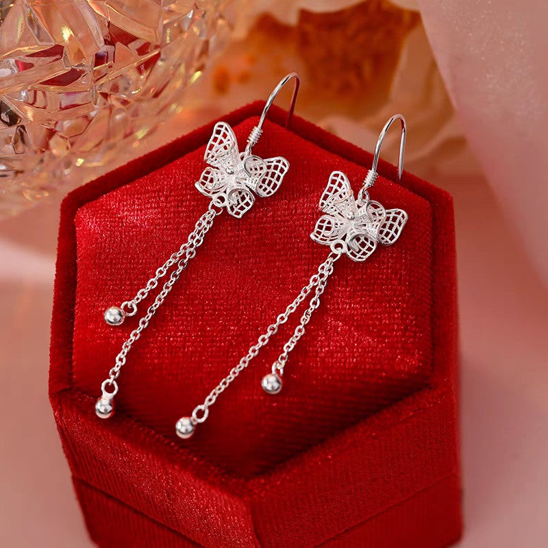 1 Paire de Boucles d'Oreilles Longues Papillon Ajouré en Argent 999, Élégantes et Polyvalentes