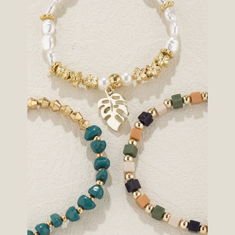 Bracelet en Pierre Ornementale Vintage Irregulier avec Pendentif Feuille