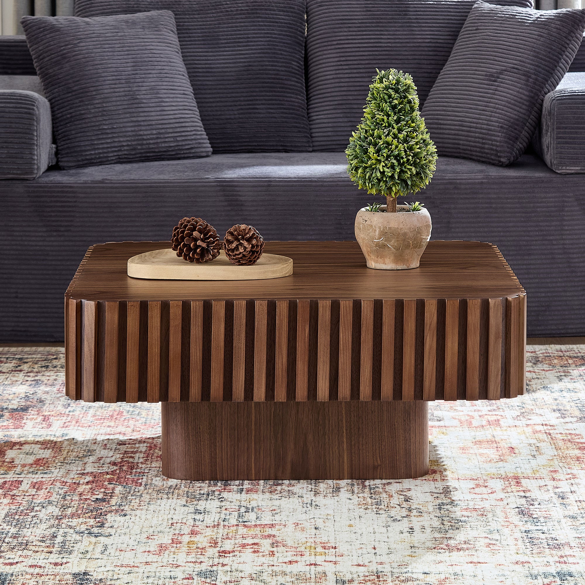31.5 Inch Modern Handcraft Drum Coffee Table Square Coffee Table For Living Room,Small Wooden Coffee Table With Sturdy MDF Pedesta,Walnut Color
