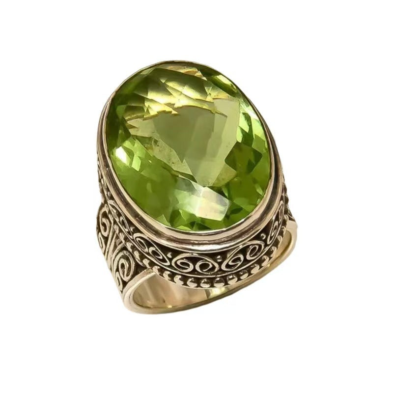 Bague rétro gravée en jade naturel plaquée argent