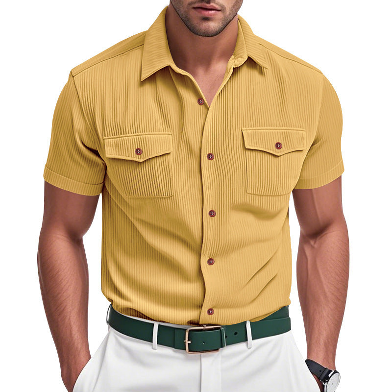 Chemise ample à manches courtes en velours côtelé épais avec grand col