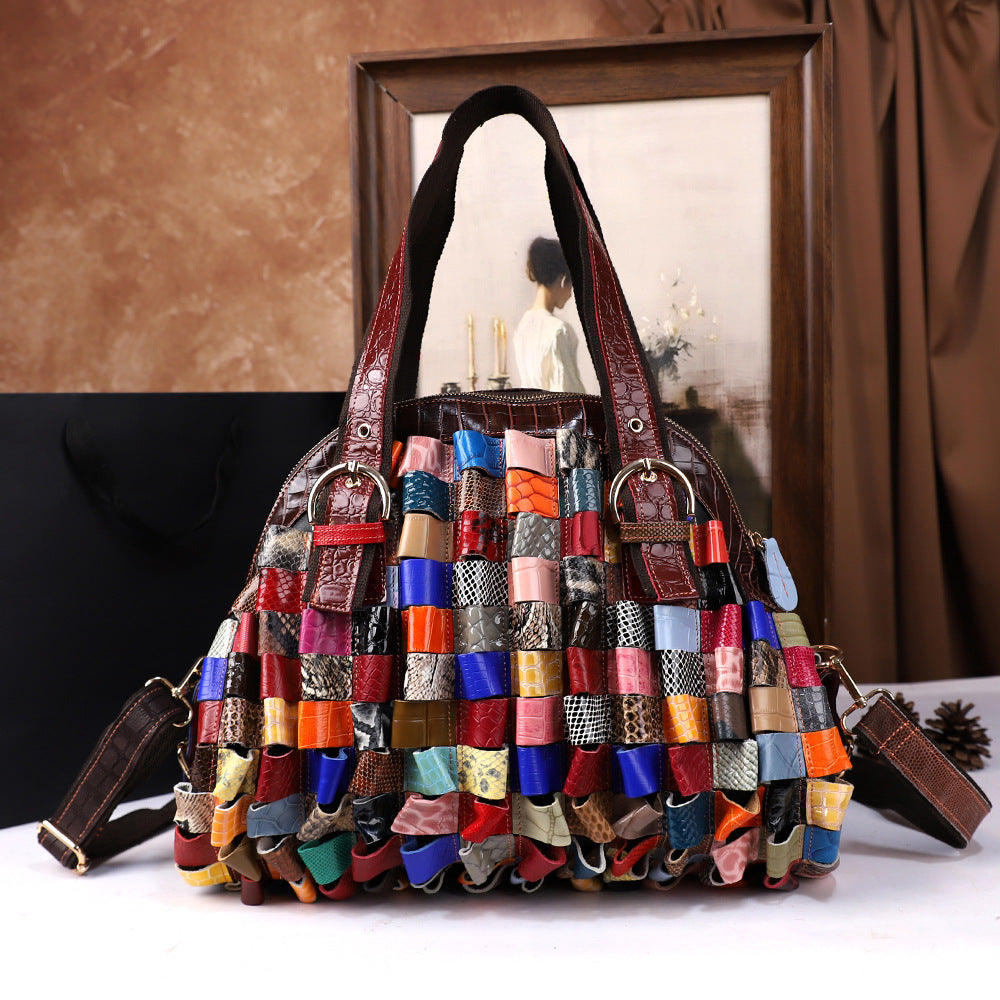 Sac fourre-tout à bandoulière tissé en cuir pleine fleur pour femme, grande capacité