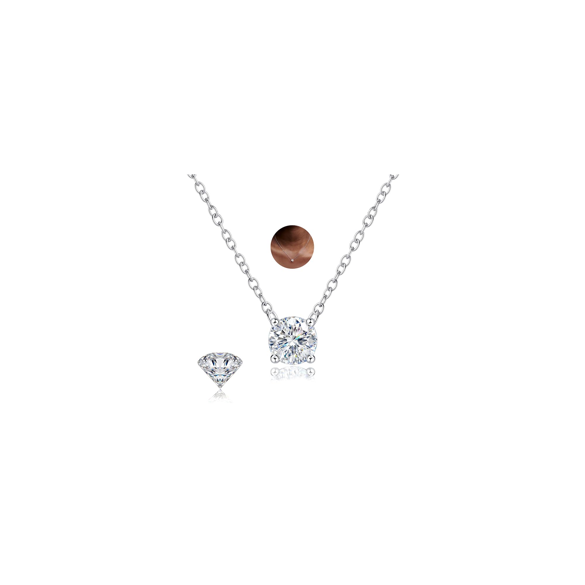 Collier en Moissanite en Argent Sterling 925 avec Couches pour Femmes, Plaqué Or Blanc 18K, Chaîne Empilable Hypoallergénique Fine avec Pendentif Ras-du-Cou D Couleur