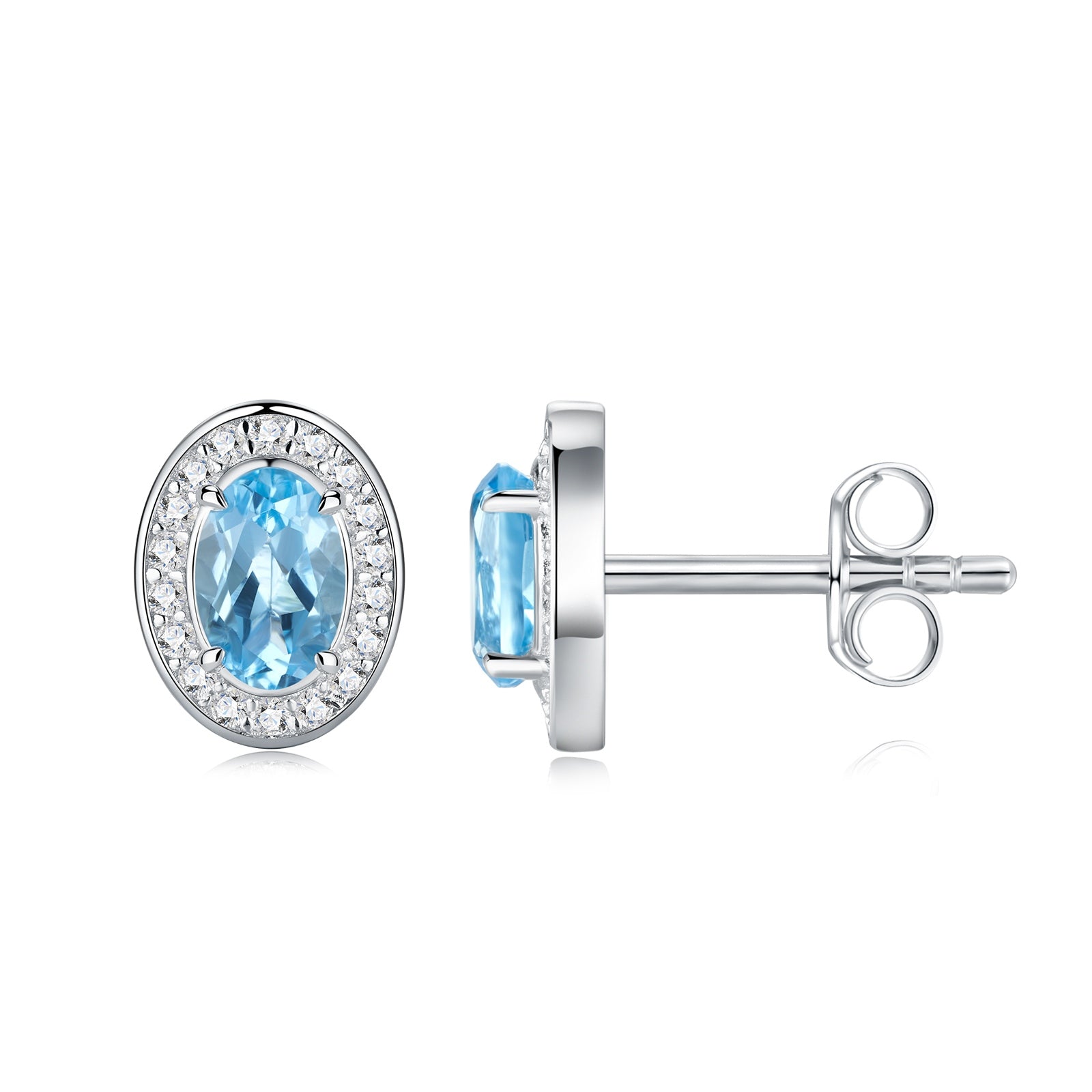 Boucles d'Oreilles Clous Halo 1,65g Argent Sterling S925 Topaze Bleue Ovale et Moissanite, Bijou Plaqué Platine avec Coffret Cadeau