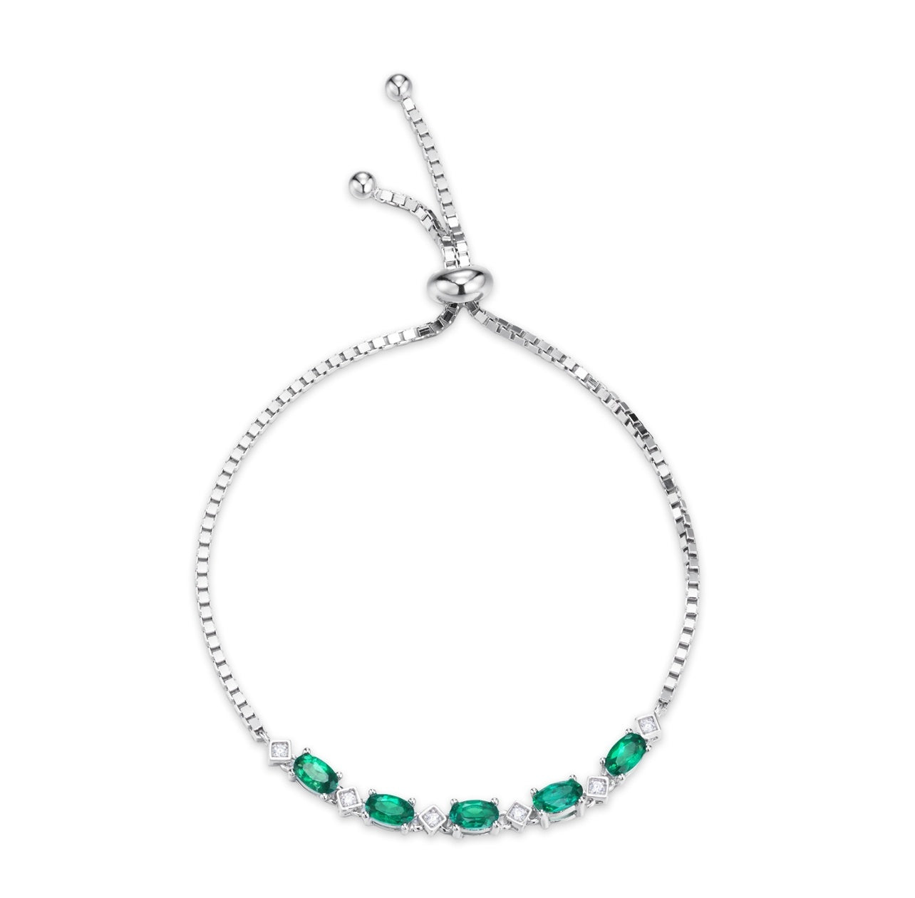 Bracelet en argent sterling S925 avec émeraude synthétique ovale, 21 cm ajustable, plaqué platine, coffret cadeau