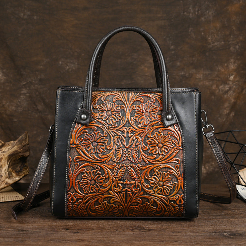 Sac cabas vertical carré en cuir pleine fleur avec décoration sculptée, épaule unique