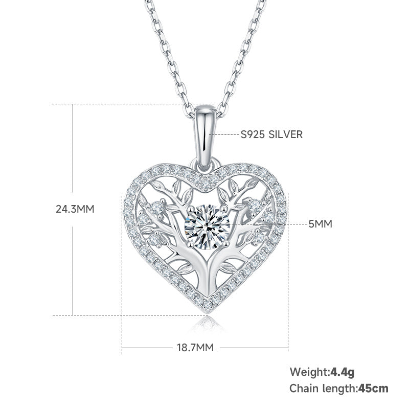 Collier Cœur Arbre de Vie en Argent Sterling S925 4,4g avec Pierre Centrale 5mm Moissanite 42 Pierres Certifié GRA, Plaqué Platine, Coffret Cadeau Romantique