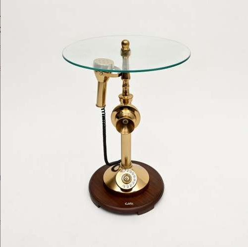 Table d'Accent Téléphone Vintage en Aluminium Poli Décoratif avec Plateau en Verre
