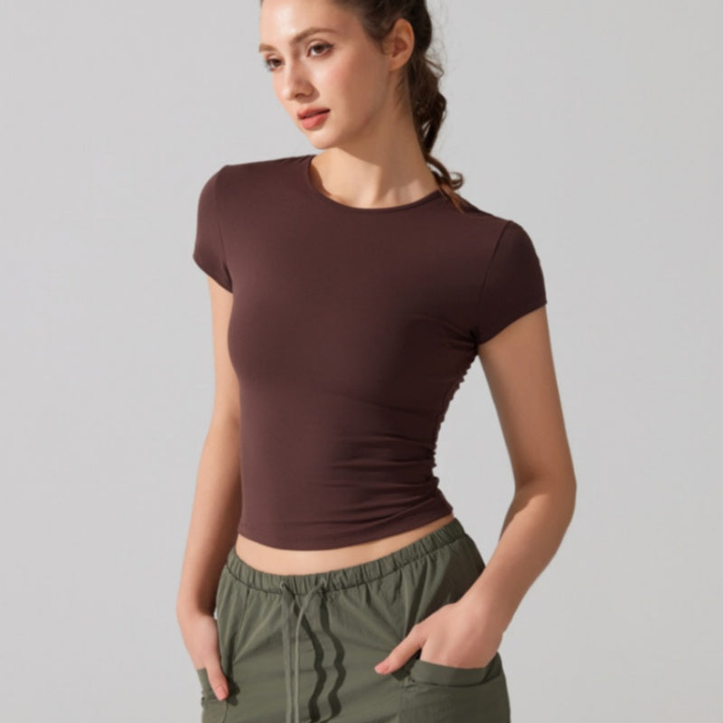 T-shirt de yoga décontracté à manches courtes, col rond, respirant et séchage rapide