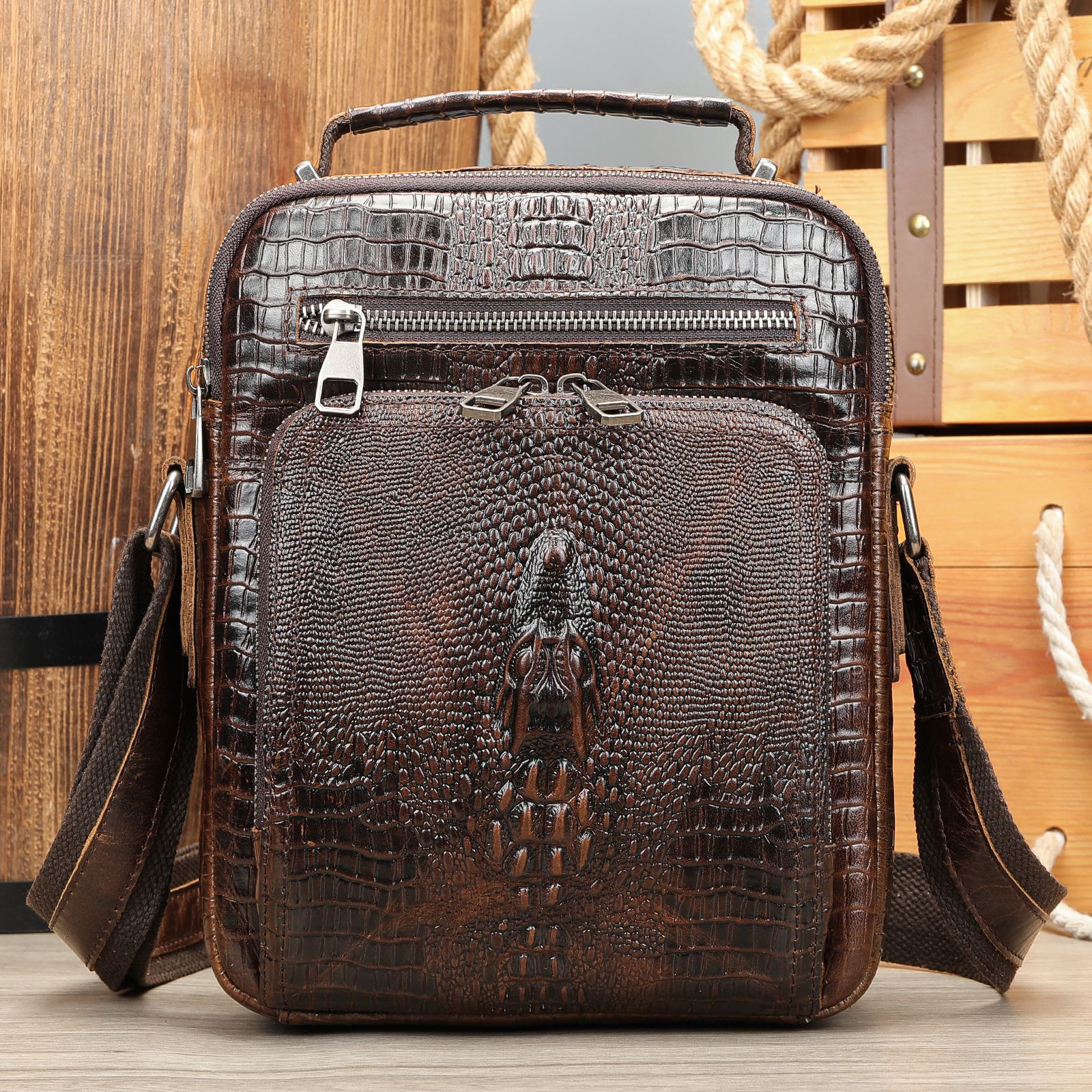 Sac messager à bandoulière en cuir véritable vintage effet cheval fou