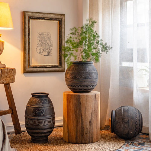 African Art Ancient Pot Flower Cement Decorative Flower Pot Ethnic Style - IVOIRART.COM