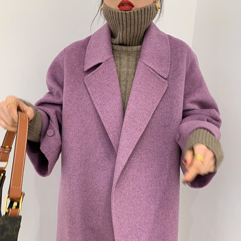 Albaka Manteau double-face alpaga long ceinturé style robe manches retroussées OL - IVOIRART.COM