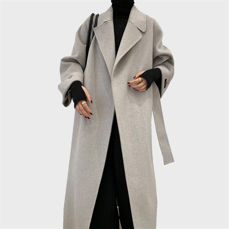 Albaka Manteau double-face alpaga long ceinturé style robe manches retroussées OL - IVOIRART.COM