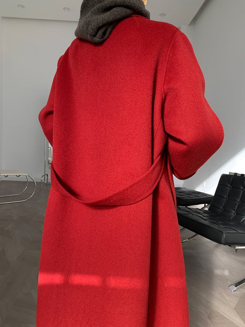 Albaka Manteau double-face alpaga long ceinturé style robe manches retroussées OL - IVOIRART.COM