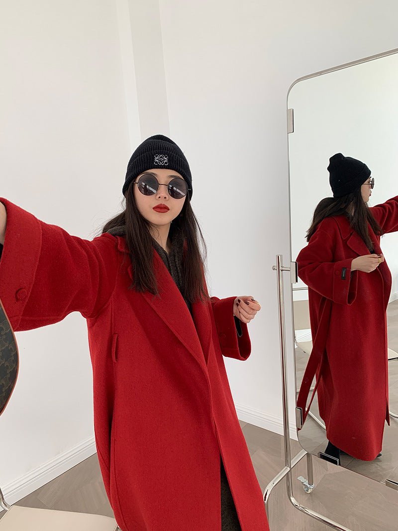Albaka Manteau double-face alpaga long ceinturé style robe manches retroussées OL - IVOIRART.COM