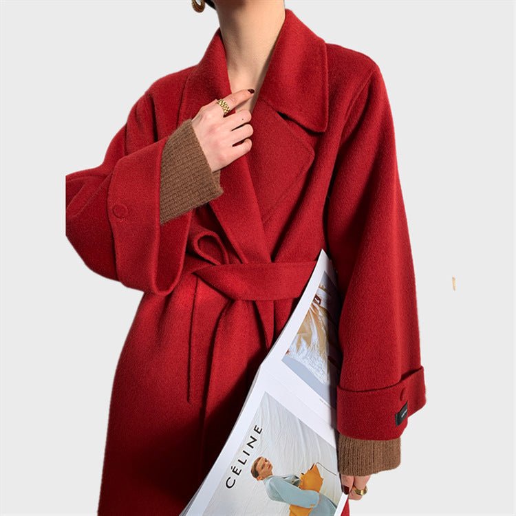 Albaka Manteau double-face alpaga long ceinturé style robe manches retroussées OL - IVOIRART.COM