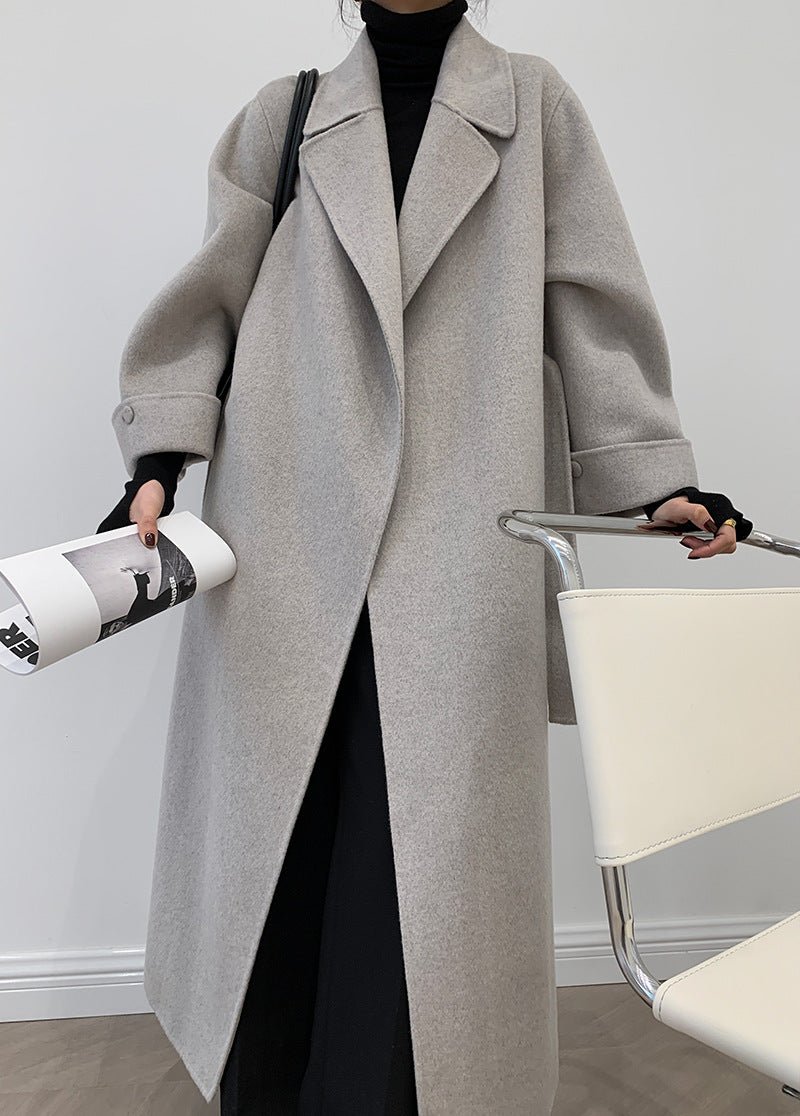 Albaka Manteau double-face alpaga long ceinturé style robe manches retroussées OL - IVOIRART.COM