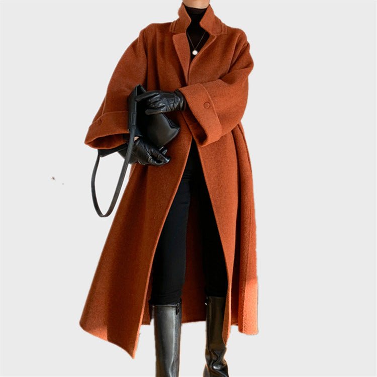 Albaka Manteau double-face alpaga long ceinturé style robe manches retroussées OL - IVOIRART.COM
