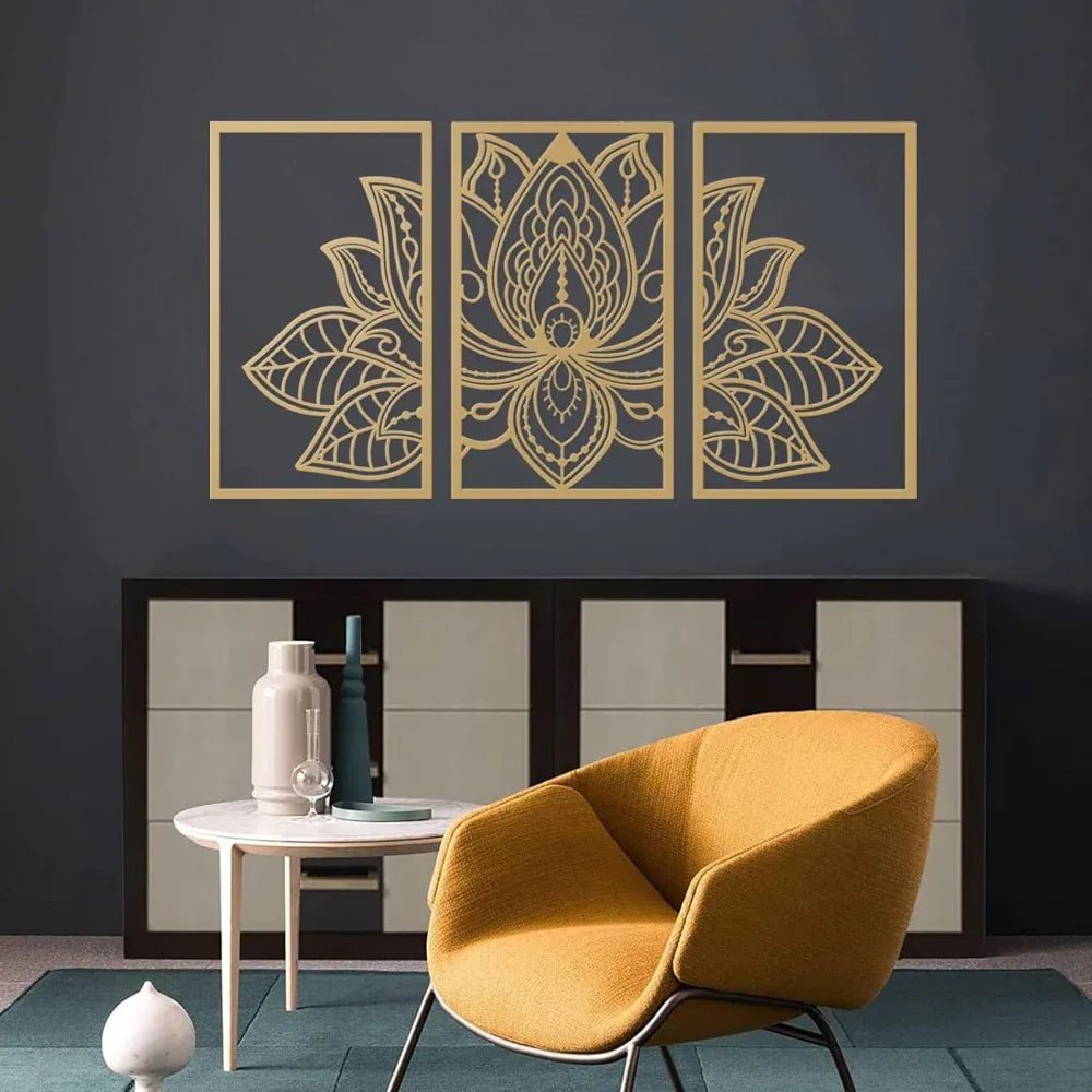 Art mural en métal doré lotus mandala fait main - Décor Boho Zen pour salon - IVOIRART.COM
