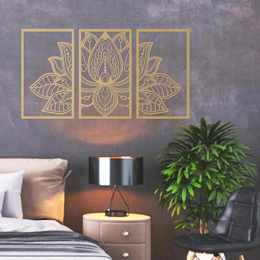 Art mural en métal doré lotus mandala fait main - Décor Boho Zen pour salon - IVOIRART.COM